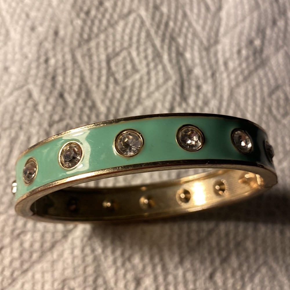 Vintage Sea foam Green Clear Rhinestones Oval Shaped Bangle Bracelet